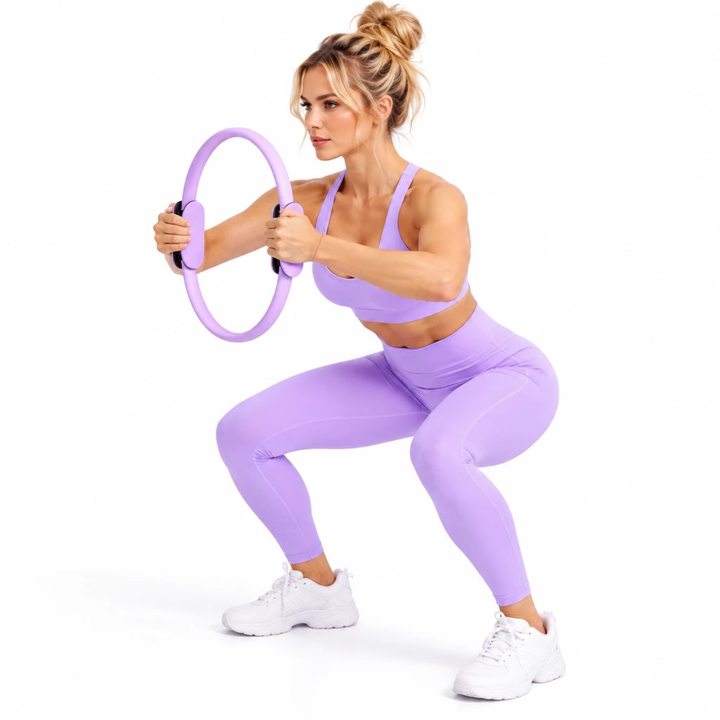 Przysiad z obręczą do pilatesu trzymaną przed sobą